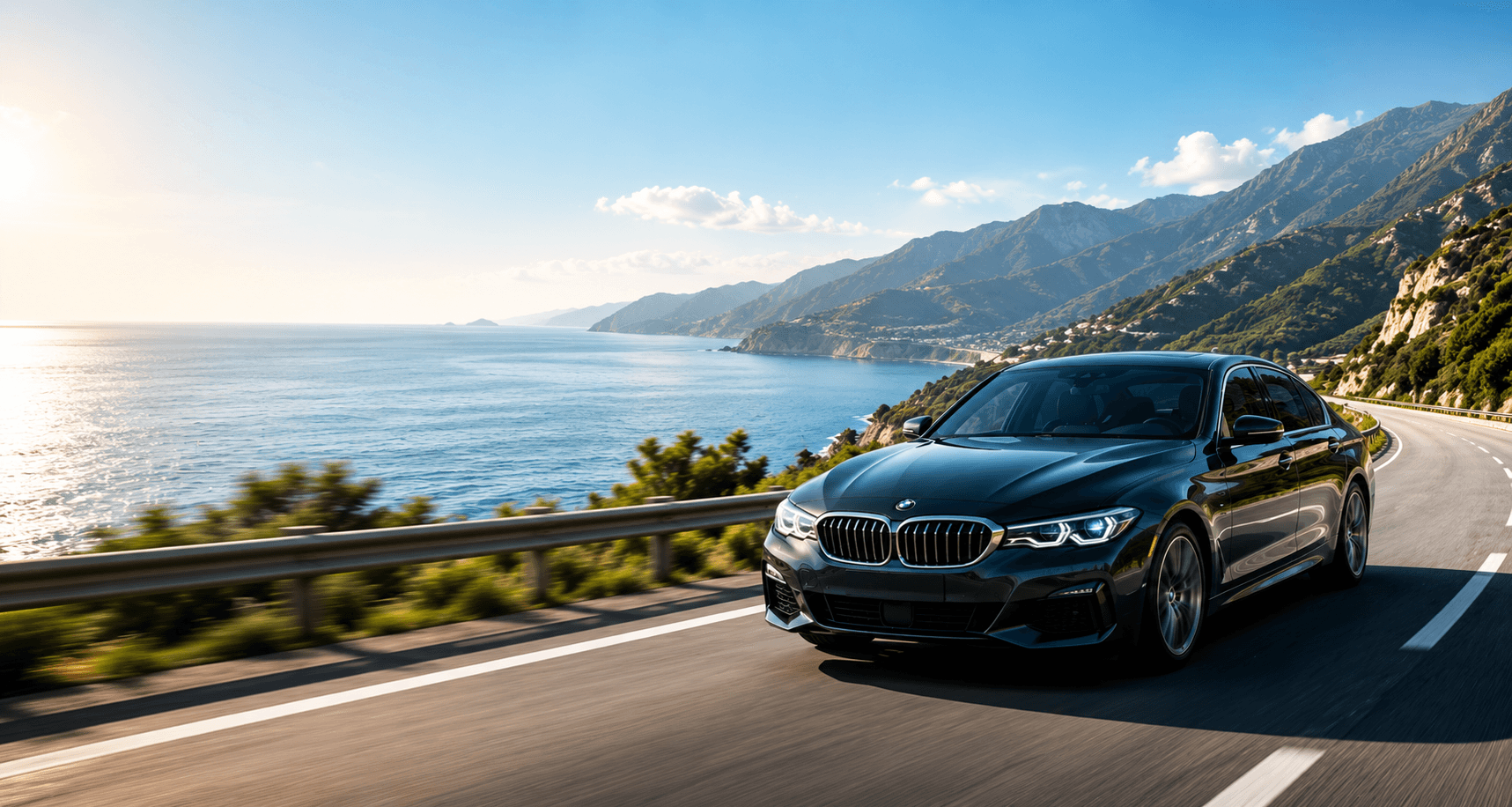 Luxury Car Driving on Coastal Mountain Road
